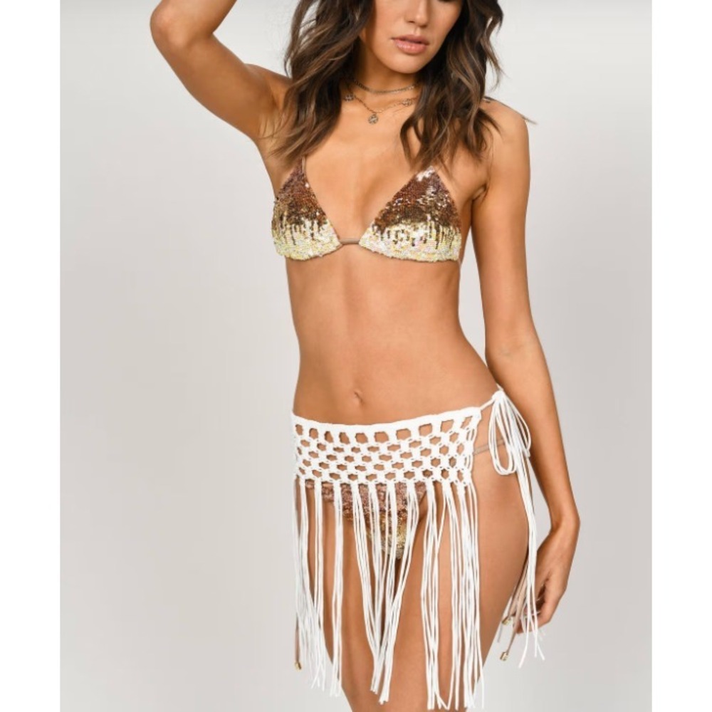 Jaycee Women Fringe Mini Skirt Cover Up White M/L Beach Club Festival Swim Gift